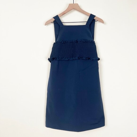 Anthropologie Tibi Ruffle Trimmed Cady Mini Dress Ruched Corset Pinafore Pockets - Picture 7 of 13